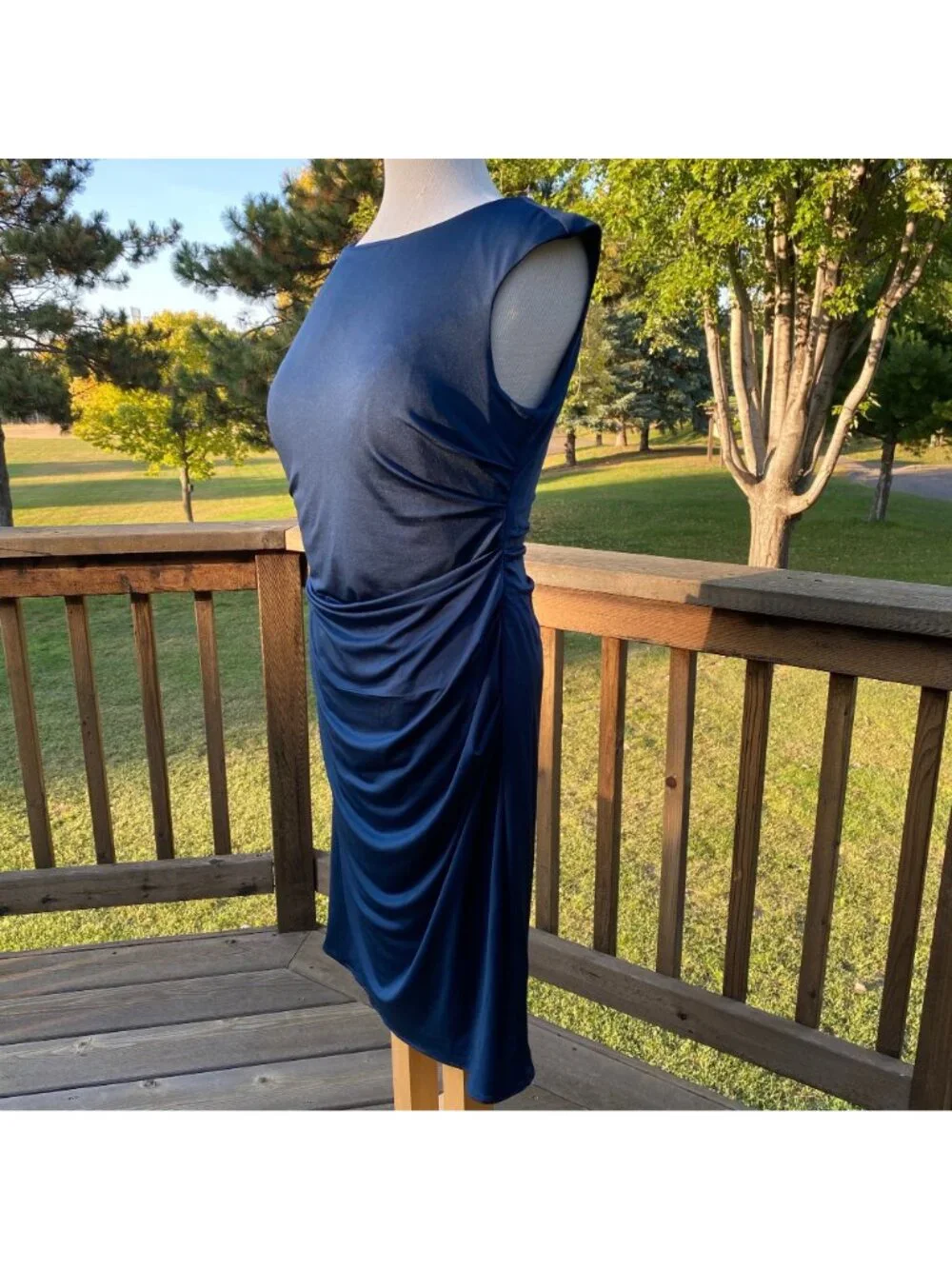 Azazie Dayton MBD Ruched Dress Size L Sleeveless Navy Blue Custom 225983 - Picture 10 of 11